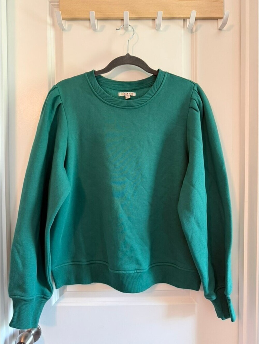 Green Puff Sleeve Cotton Sweatshirt | Whimsical Statement| Academic Chic